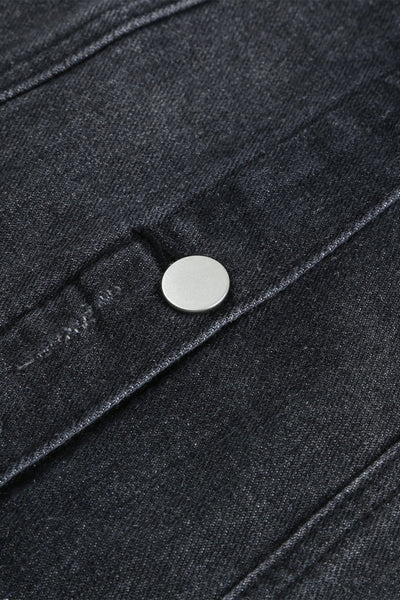Women's Black Distressed Denim Jacket with Raw Hem and Lapel