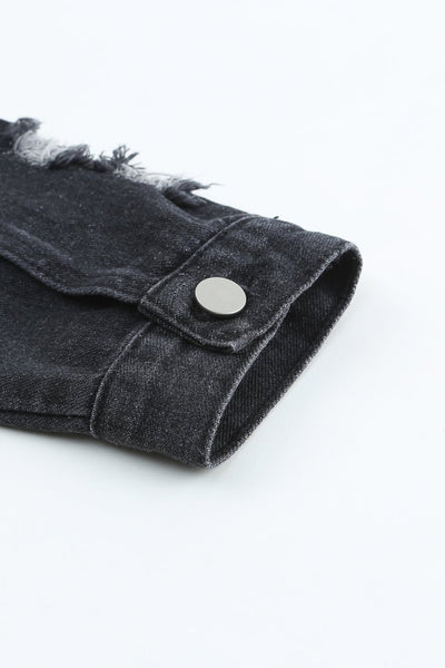 Women's Black Distressed Denim Jacket with Raw Hem and Lapel