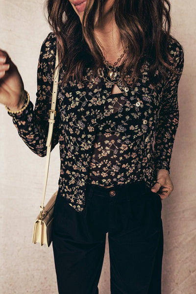 Women's Black Floral Mesh Twinset: Cardigan and Matching Tank