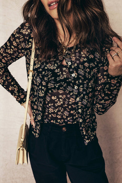 Women's Black Floral Mesh Twinset: Cardigan and Matching Tank