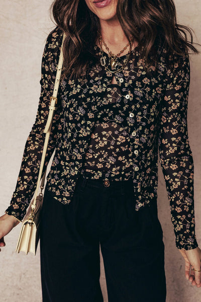 Women's Black Floral Mesh Twinset: Cardigan and Matching Tank