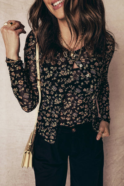 Women's Black Floral Mesh Twinset: Cardigan and Matching Tank