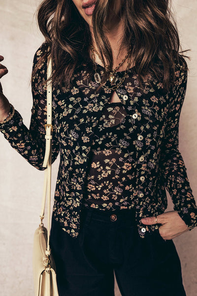 Women's Black Floral Mesh Twinset: Cardigan and Matching Tank