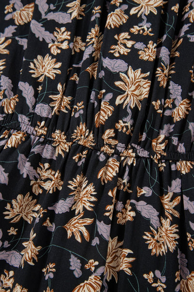 Women's Black Floral V-Neck Smocked Midi Dress with Long Sleeves