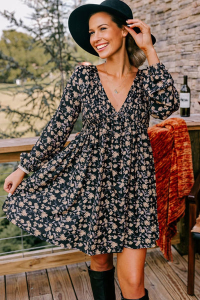 Women's Black Floral V-Neck Smocked Midi Dress with Long Sleeves