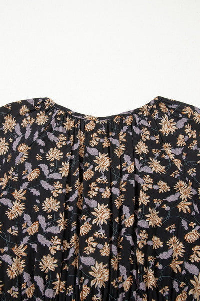 Women's Black Floral V-Neck Smocked Midi Dress with Long Sleeves