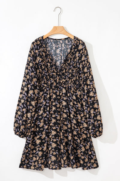 Women's Black Floral V-Neck Smocked Midi Dress with Long Sleeves