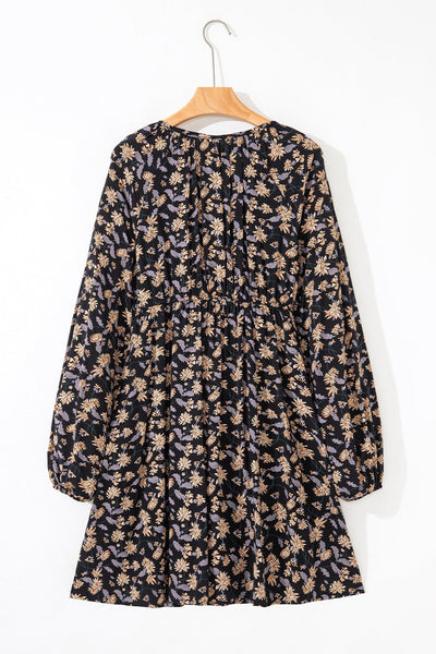 Women's Black Floral V-Neck Smocked Midi Dress with Long Sleeves