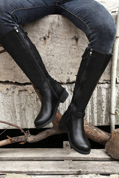Women's Black Knee-High Faux Leather Riding Boots