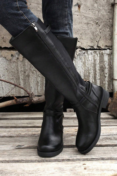 Women's Black Knee-High Faux Leather Riding Boots