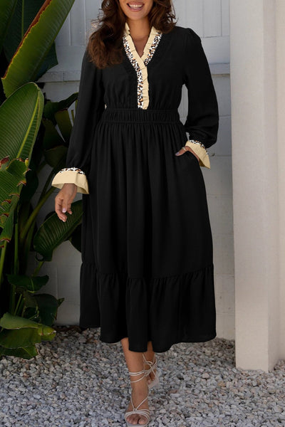 Women's Black Leopard Contrast Ruffle Midi Dress with Smocked Waist