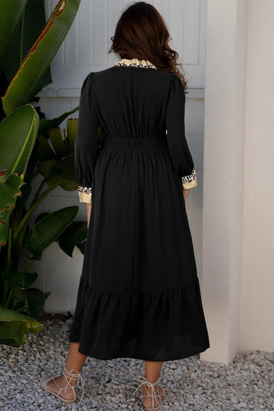 Women's Black Leopard Contrast Ruffle Midi Dress with Smocked Waist