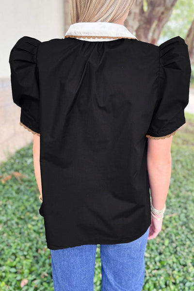 Women's Black Puff Sleeve Ricrac Trim Cotton Blouse