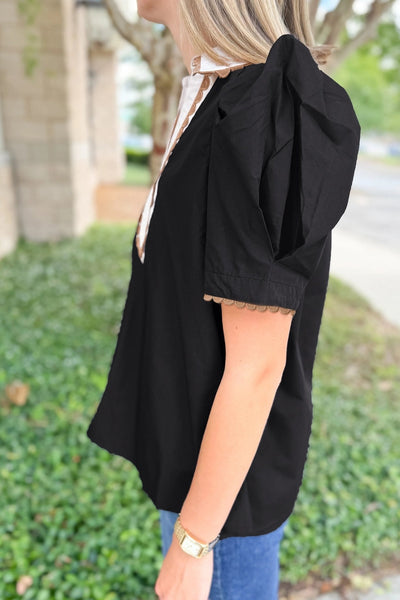 Women's Black Puff Sleeve Ricrac Trim Cotton Blouse