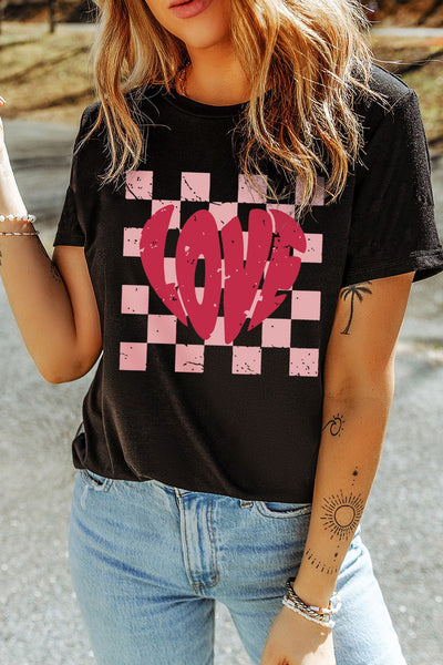 Women's Black Relaxed Fit Checkered LOVE Graphic Tee