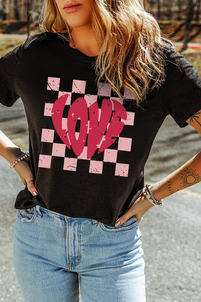 Women's Black Relaxed Fit Checkered LOVE Graphic Tee