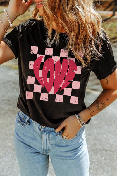 Women's Black Relaxed Fit Checkered LOVE Graphic Tee