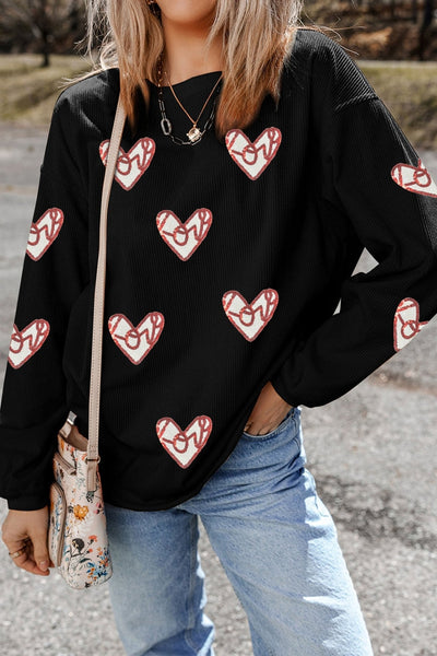 Women's Black Ribbed Heart Sequin Graphic Sweatshirt for Women
