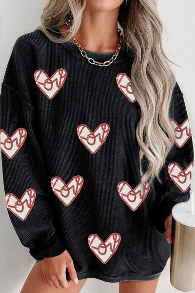 Women's Black Ribbed Heart Sequin Graphic Sweatshirt for Women