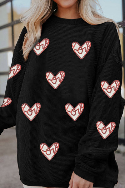Women's Black Ribbed Heart Sequin Graphic Sweatshirt for Women