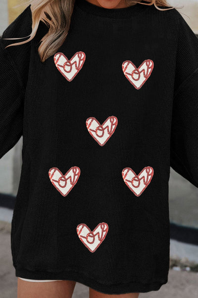 Women's Black Ribbed Heart Sequin Graphic Sweatshirt for Women