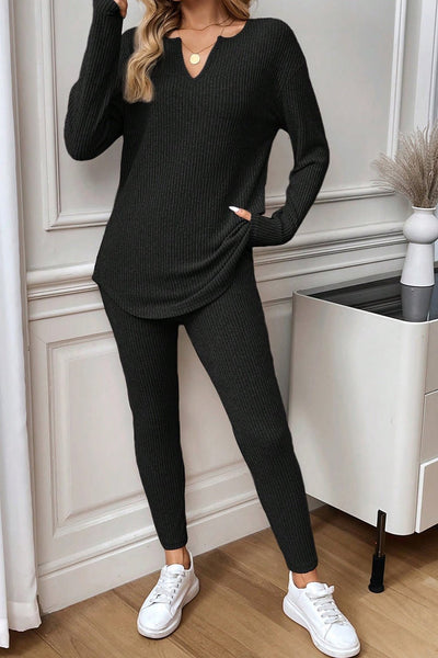 Women's Black Ribbed Knit Lounge Set: Notched Neck Top and Leggings with practical styling and dependable silhouette control.