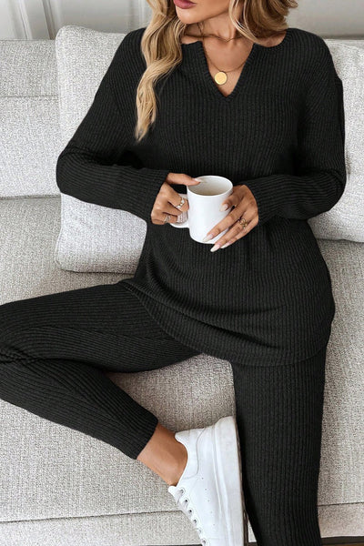 Women's Black Ribbed Knit Lounge Set: Notched Neck Top and Leggings with practical styling and dependable silhouette control.