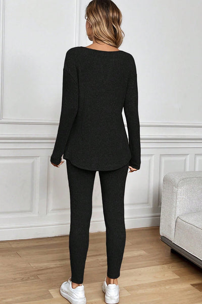 Women's Black Ribbed Knit Lounge Set: Notched Neck Top and Leggings with practical styling and dependable silhouette control.