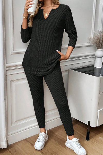 Women's Black Ribbed Knit Lounge Set: Notched Neck Top and Leggings with practical styling and dependable silhouette control.