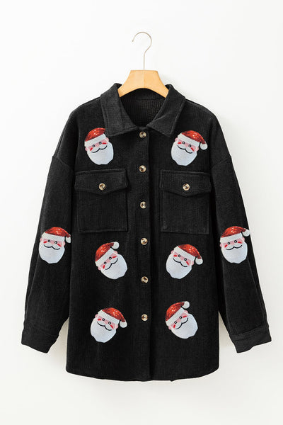 Women's Black Sequin Santa Ribbed Corduroy Shacket