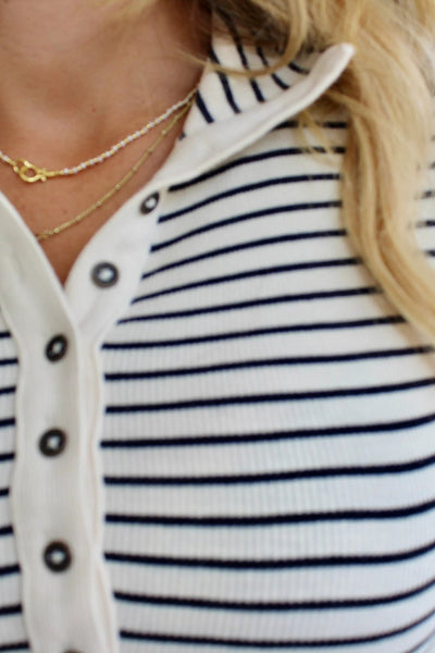 Women's Black Stripe Ribbed Knit Henley Long Sleeve Top