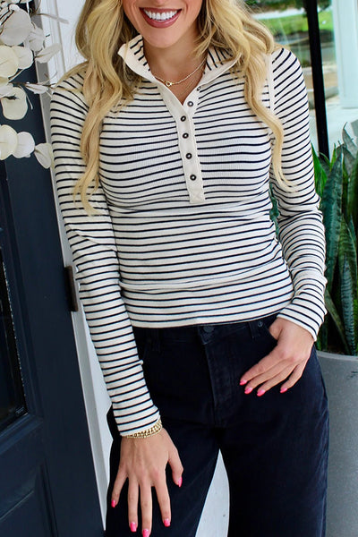 Women's Black Stripe Ribbed Knit Henley Long Sleeve Top