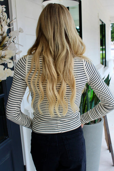 Women's Black Stripe Ribbed Knit Henley Long Sleeve Top