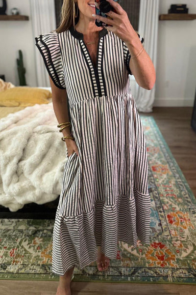 Women's Black Striped Tiered Midi Dress with Ruffle Sleeves