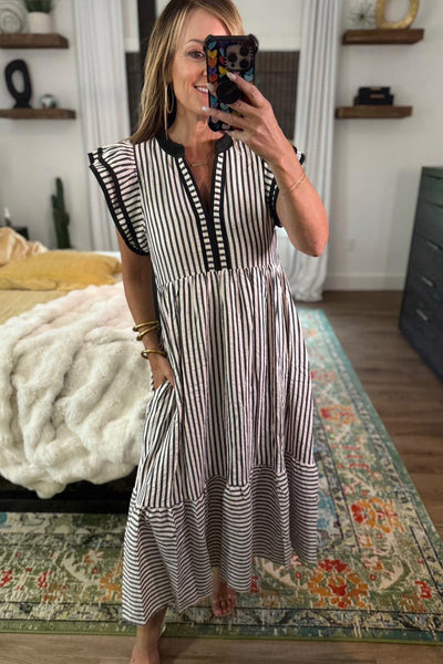 Women's Black Striped Tiered Midi Dress with Ruffle Sleeves
