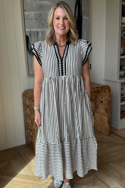 Women's Black Striped Tiered Midi Dress with Ruffle Sleeves