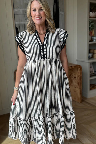 Women's Black Striped Tiered Midi Dress with Ruffle Sleeves