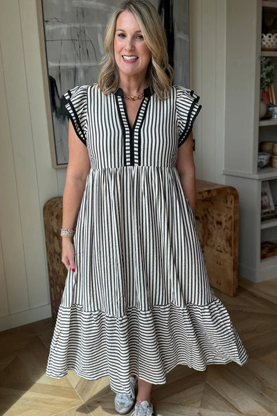 Women's Black Striped Tiered Midi Dress with Ruffle Sleeves