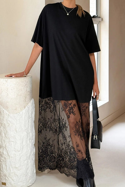Women's Black T-Shirt Maxi Dress with Floral Lace Inset