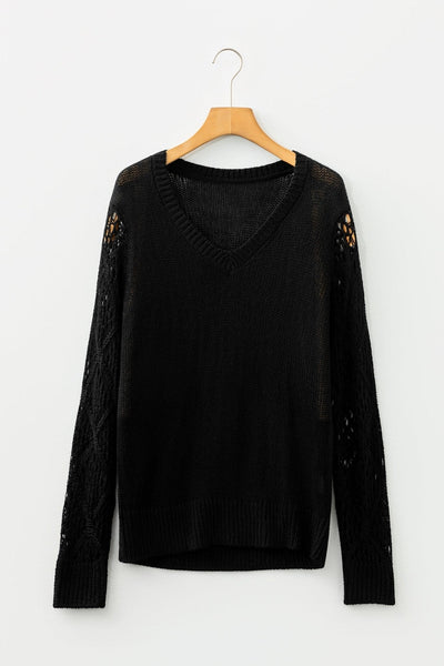 Women's Black V-Neck Pointelle Knit Sweater with Contrast Sleeves