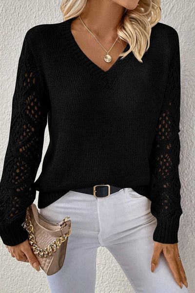 Women's Black V-Neck Pointelle Knit Sweater with Contrast Sleeves