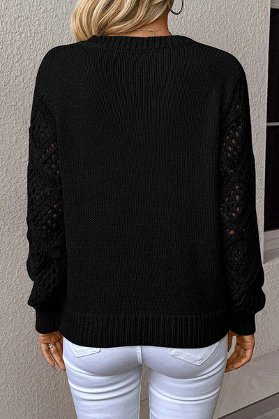 Women's Black V-Neck Pointelle Knit Sweater with Contrast Sleeves