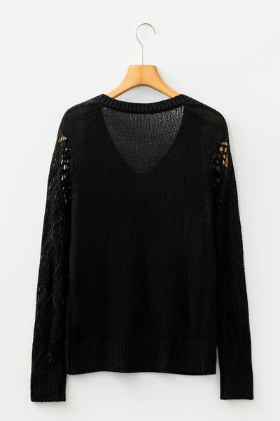Women's Black V-Neck Pointelle Knit Sweater with Contrast Sleeves