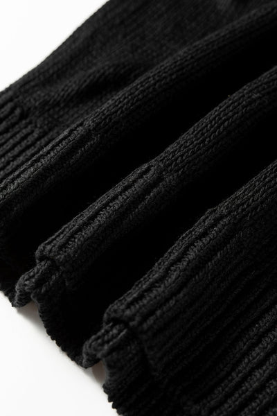 Women's Black V-Neck Pointelle Knit Sweater with Contrast Sleeves