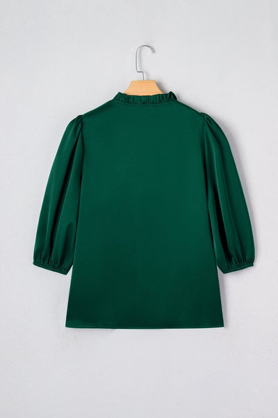Women's Blackish Green Frilled V-Neck Blouse with 3/4 Puff Sleeves