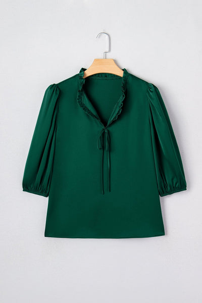 Women's Blackish Green Frilled V-Neck Blouse with 3/4 Puff Sleeves