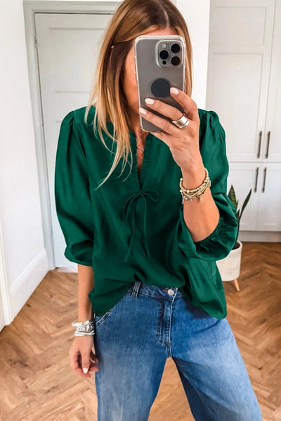 Women's Blackish Green Frilled V-Neck Blouse with 3/4 Puff Sleeves