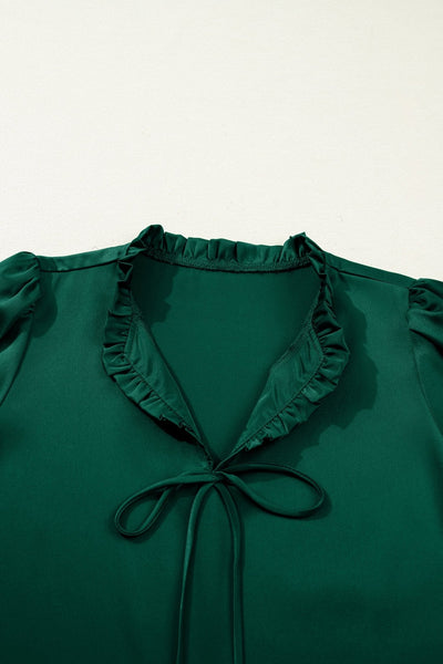 Women's Blackish Green Frilled V-Neck Blouse with 3/4 Puff Sleeves