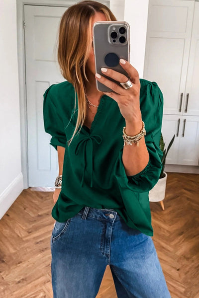 Women's Blackish Green Frilled V-Neck Blouse with 3/4 Puff Sleeves