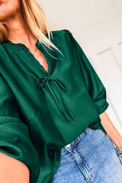 Women's Blackish Green Frilled V-Neck Blouse with 3/4 Puff Sleeves